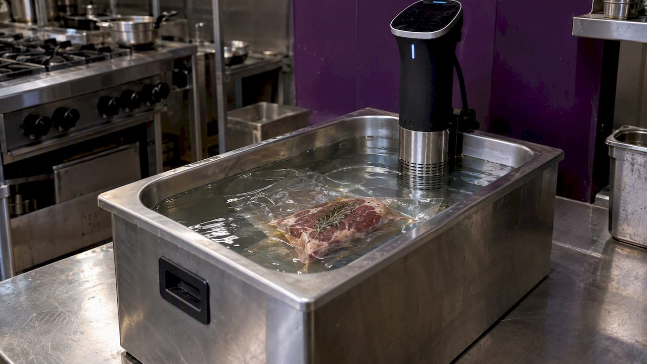 Steak im Vakuumbeutel, sous-vide gegart im Wasserbad